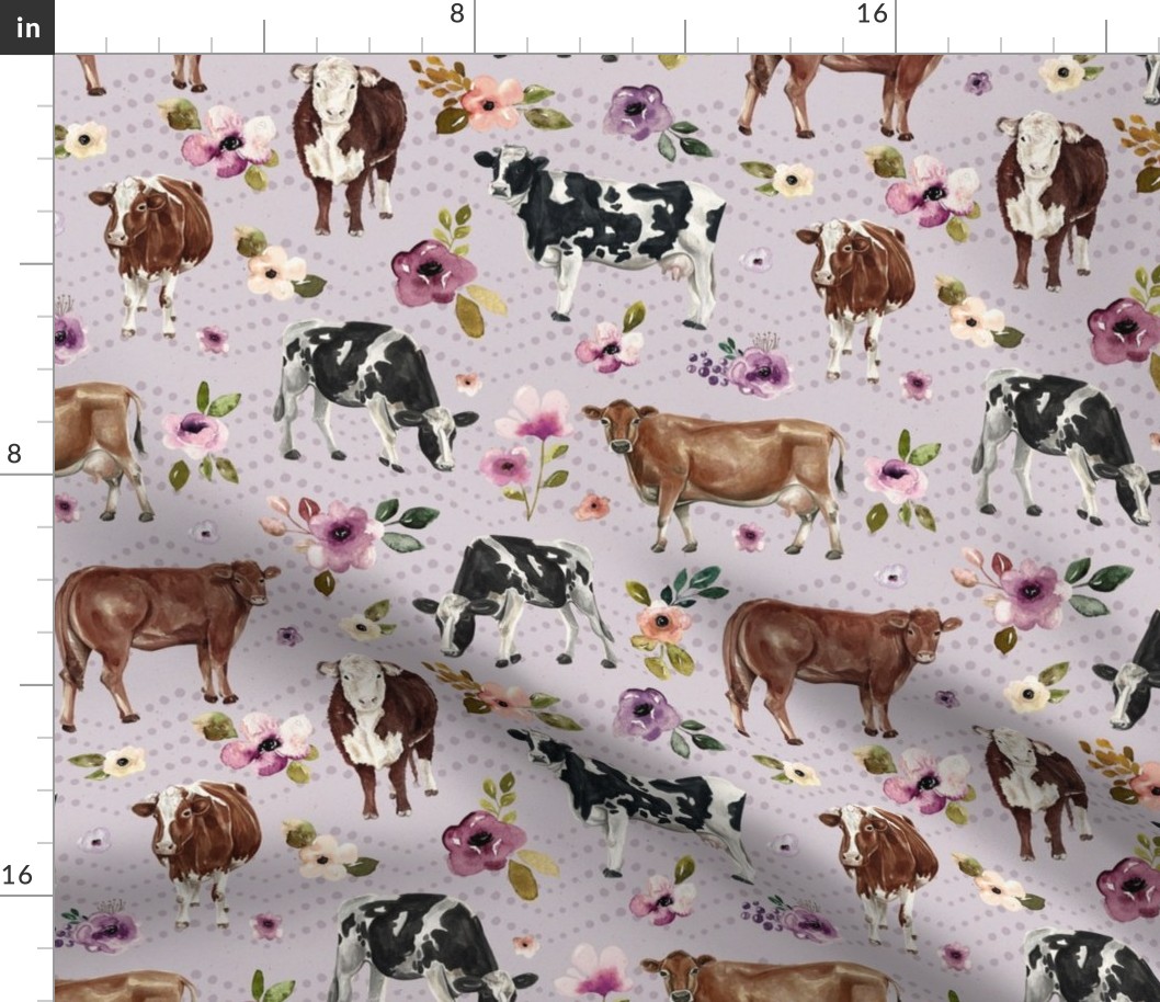 Watercolor Cows and Purple Floral - Large