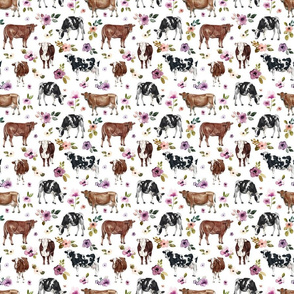 Watercolor Cows and Purple Floral on White - Medium