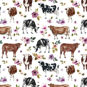 Watercolor Cows and Purple Floral on White - Large