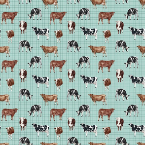 Cows on Aqua Blue Pin Stripes - Medium