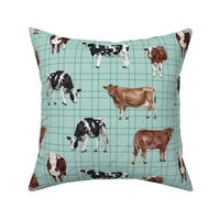 Cows on Aqua Blue Pin Stripes - Large