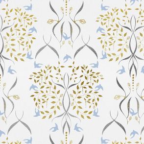 Avian Arbor Damask -  Blue =/Gold on Cream Wallpaper