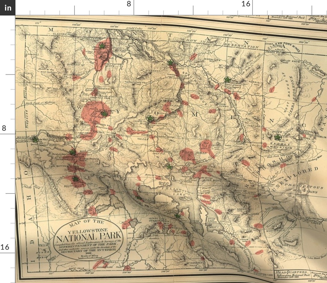 Antique Map of Yellowston National Park Wyoming from 1881