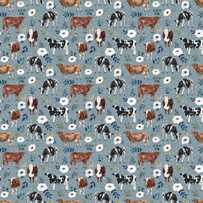 Farmhouse Cows with White Flowers on Blue Gray - Medium
