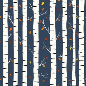Large Scale Birch Tree Trunks Fall Forest Colorful Leaves on Navy