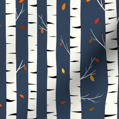 Medium Scale Birch Tree Trunks Fall Forest Colorful Leaves on Navy