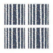 Medium Scale Birch Tree Trunks Fall Forest Colorful Leaves on Navy