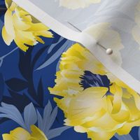 peonies yellow on blue - large scale