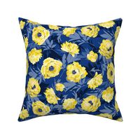 peonies yellow on blue - large scale