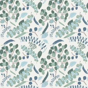 Botanical Leaves and Branches - Teal Green White - Large 