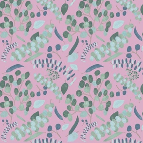 Botanical Leaves and Branches - Teal and Pink - Large Wallpaper