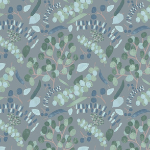 Botanical Leaves and Branches - Teal and Gray - Large Wallpaper