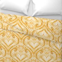Golden Valentine Heart Damask with Faux Linen Texture