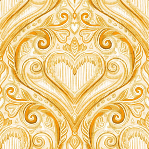 Golden Valentine Heart Damask with Faux Linen Texture