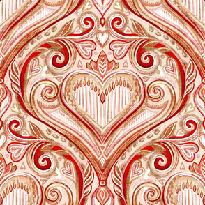 Rosy Valentine Heart Damask with Faux Linen Texture