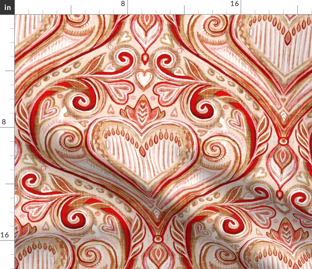 Rosy Valentine Heart Damask with Faux Linen Texture