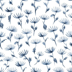Blue Grey Watercolor chrysanthemum flowers
