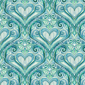 Valentine Blues Heart Damask with Faux Linen Texture - medium