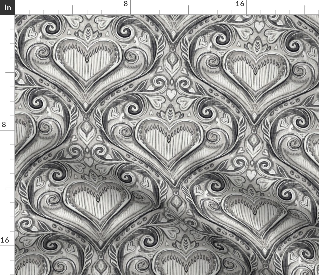 Monochrome Valentine Heart Damask with Faux Linen Texture - medium