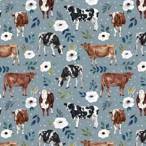 Farmhouse Cows with White Flowers on Blue Gray - Large
