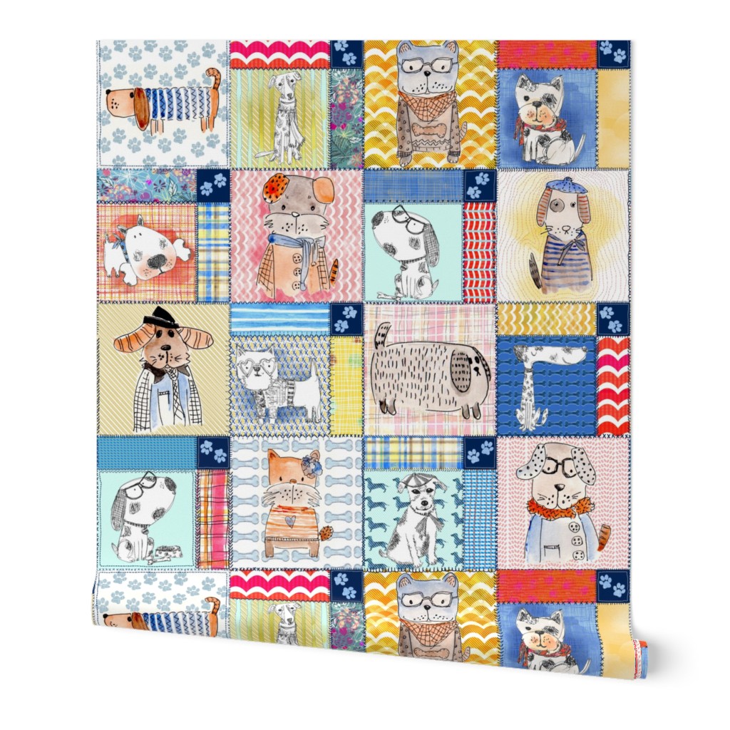 Hand painted Canine Dogs patchwork cheater quilt