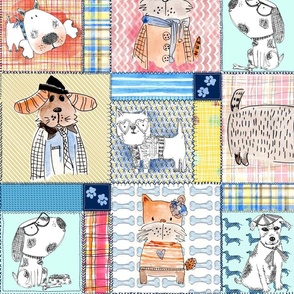 Hand painted Dogs patchwork cheater quilt