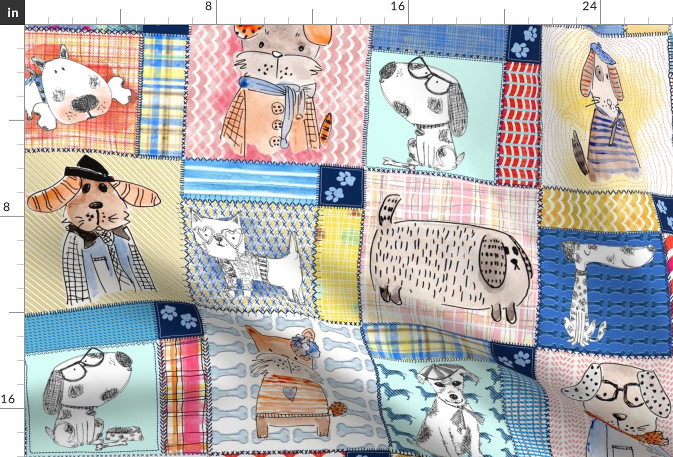Hand painted Canine Dogs patchwork cheater quilt
