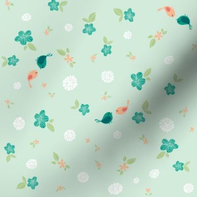Floral with Birds on Teal