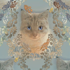 9x12-Inch Repeat of Damask of Cats in Soft Gray and Beige