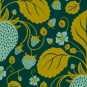 Strawberry Damask Botanical in Mint and Gold - Large