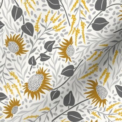 Sunflower mustard yellow and gray shades light gray background 