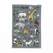 Origami ABC tea towel // green grey linen texture background yellow grey green and brown paper geometric animals