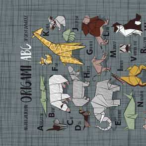 Origami ABC tea towel // green grey linen texture background yellow grey green and brown paper geometric animals