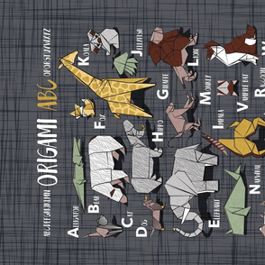 Origami ABC tea towel // charcoal grey linen texture background yellow grey green and brown paper geometric animals