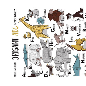 Origami ABC tea towel // white background yellow grey blue and brown paper geometric animals