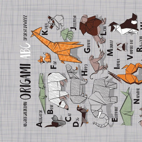 Origami ABC tea towel // grey linen texture background orange grey green and brown paper geometric animals