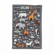 Origami ABC tea towel // charcoal grey linen texture background orange grey green and brown paper geometric animals