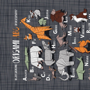 Origami ABC tea towel // charcoal grey linen texture background orange grey green and brown paper geometric animals