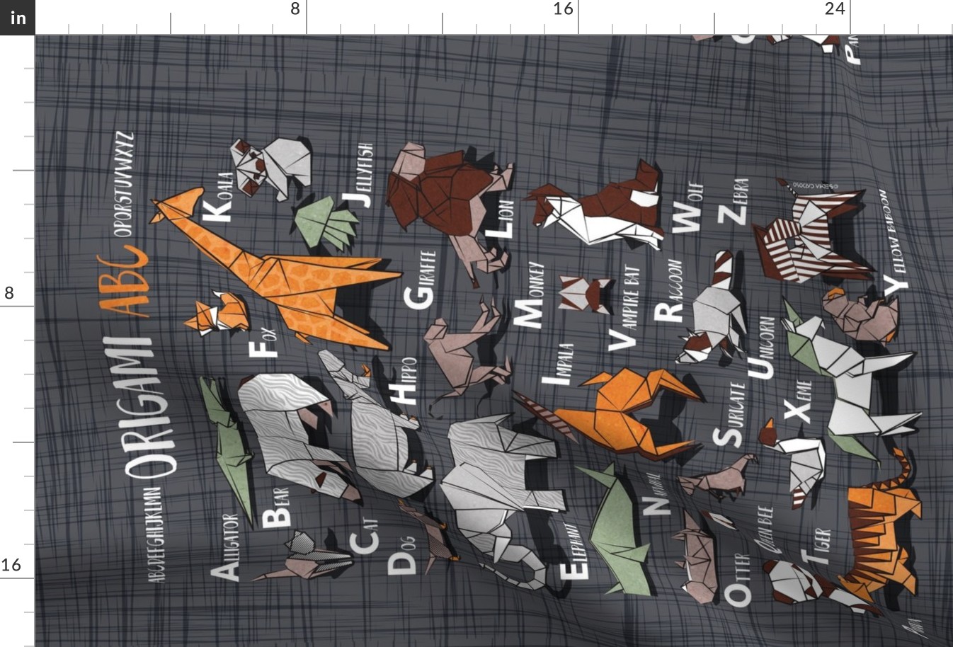 Origami ABC tea towel // charcoal grey linen texture background orange grey green and brown paper geometric animals