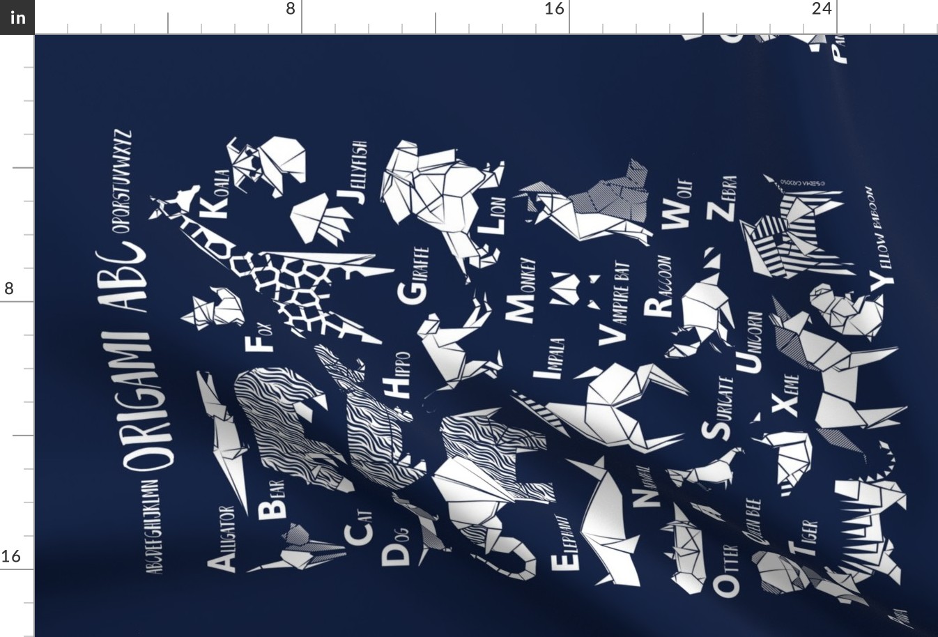 Origami ABC tea towel // oxford navy blue background white paper geometric animals