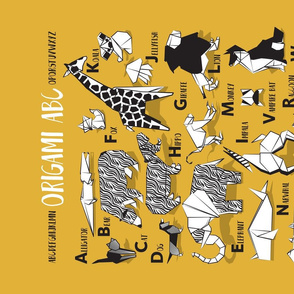 Origami ABC tea towel // goldenrod yellow background black and white paper geometric animals