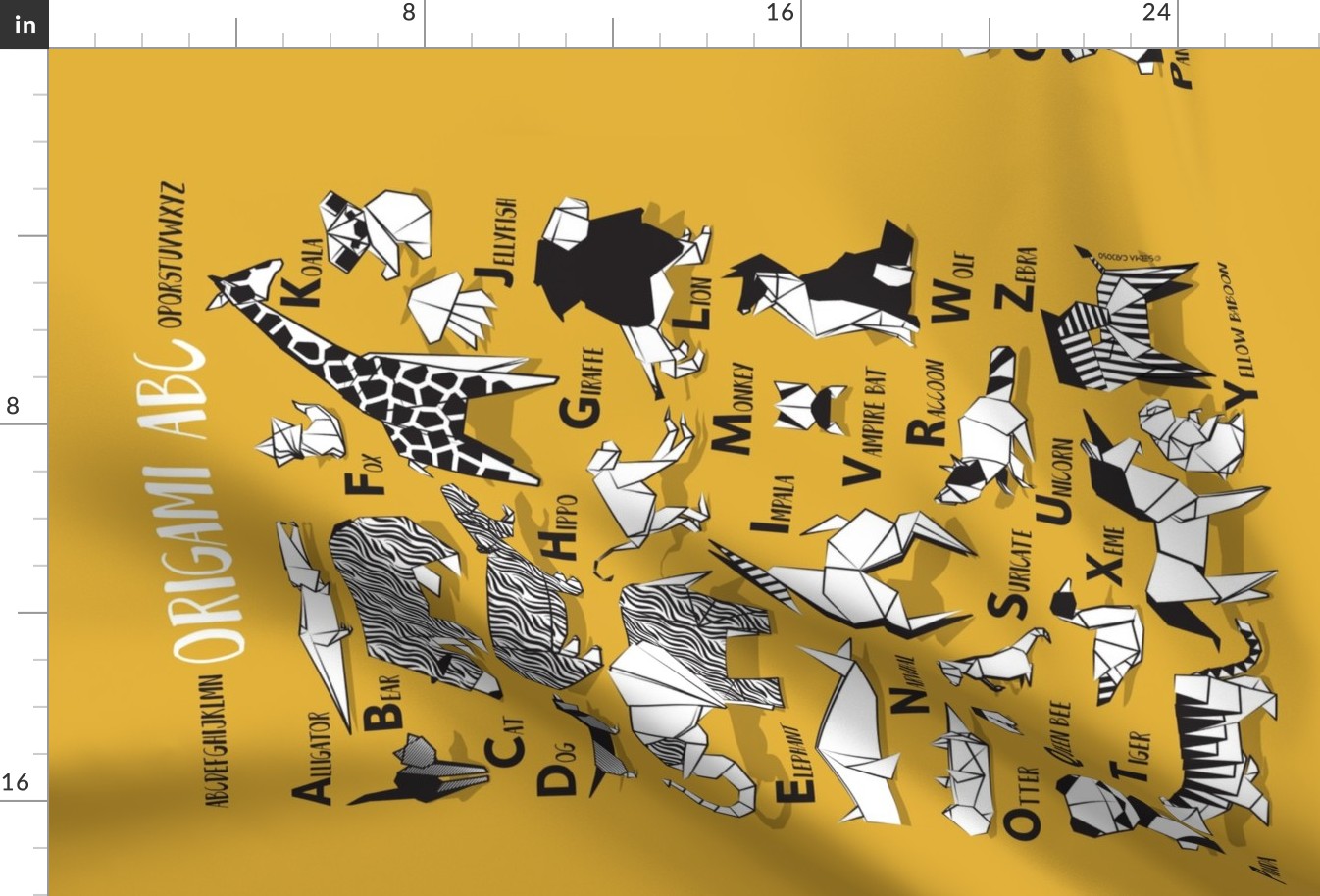 Origami ABC tea towel // goldenrod yellow background black and white paper geometric animals
