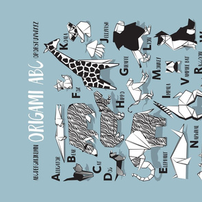 Origami ABC tea towel // pastel blue background black and white paper geometric animals