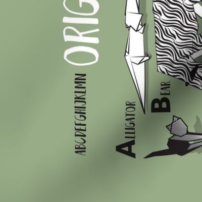 Origami ABC tea towel // sage green background black and white paper geometric animals