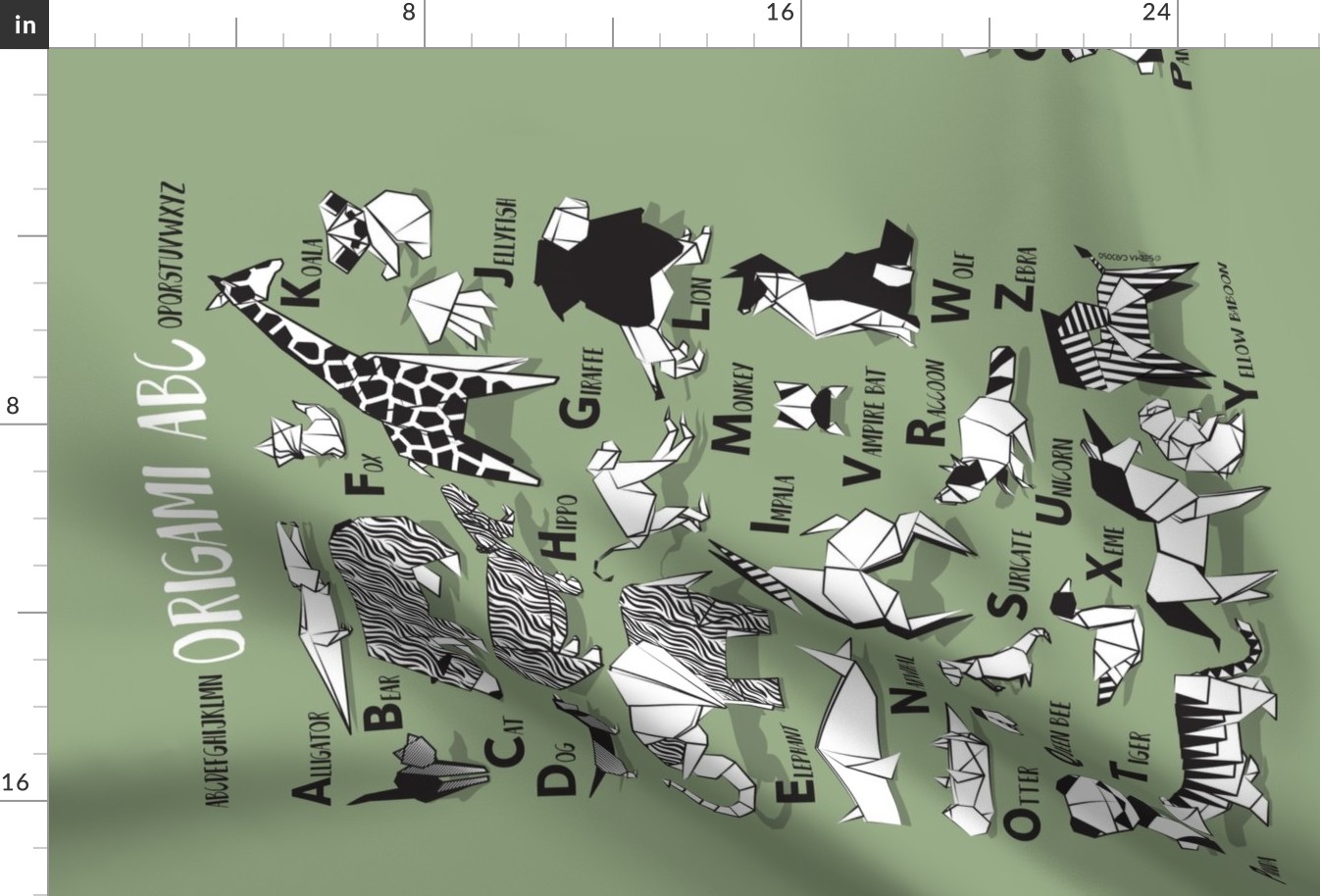 Origami ABC tea towel // sage green background black and white paper geometric animals