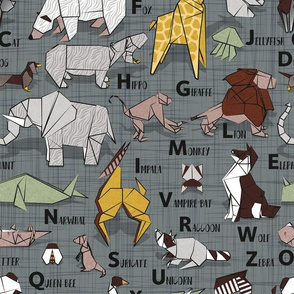 Normal scale // Origami ABC animals // green grey linen texture background yellow grey green and brown paper geometric animals