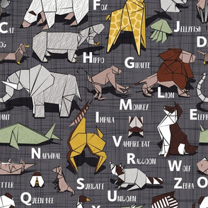 Normal scale // Origami ABC animals // charcoal grey linen texture background yellow grey green and brown paper geometric animals
