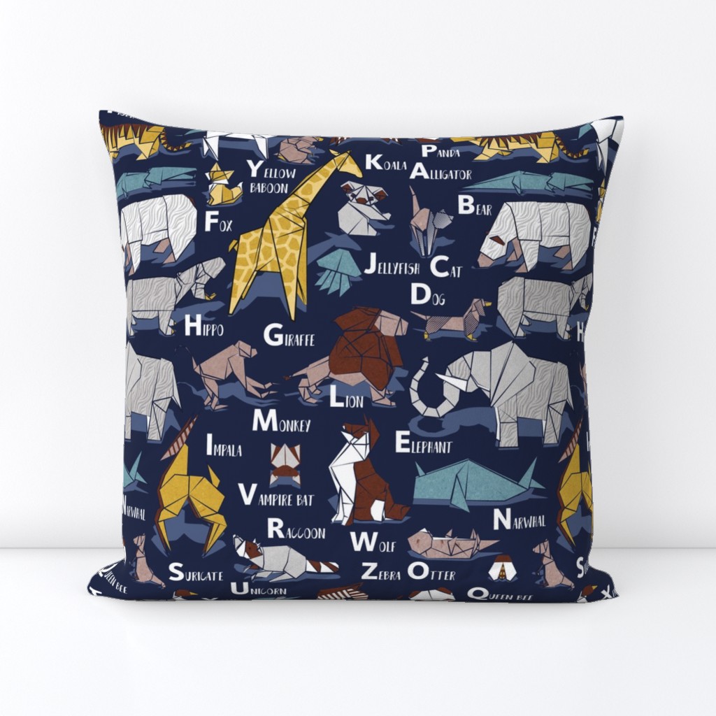 Normal scale // Origami ABC animals // oxford navy blue background yellow grey blue and brown paper geometric animals