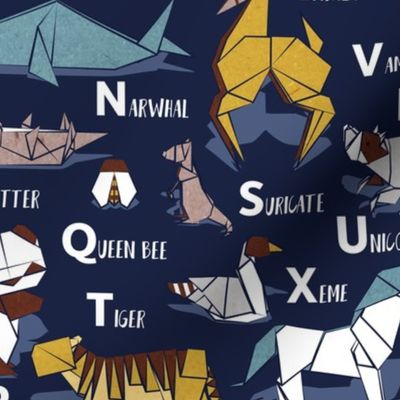 Normal scale // Origami ABC animals // oxford navy blue background yellow grey blue and brown paper geometric animals