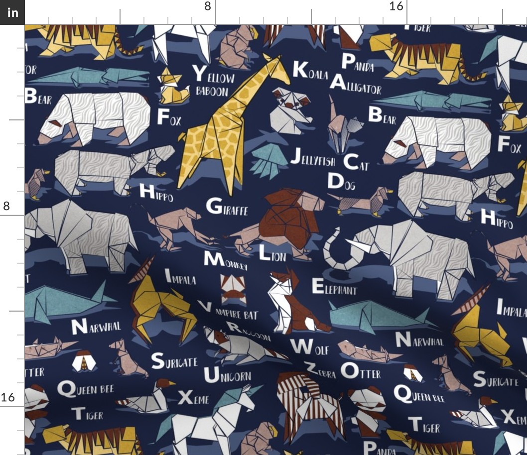 Normal scale // Origami ABC animals // oxford navy blue background yellow grey blue and brown paper geometric animals